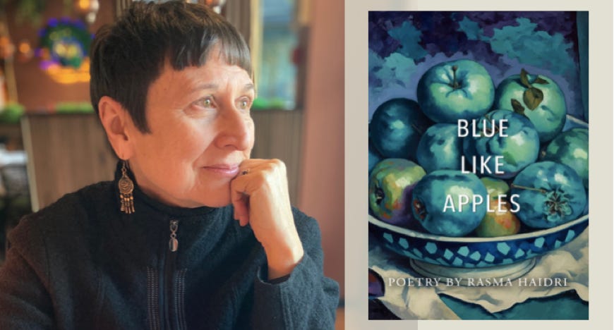 Blue Like Apples bookcover, poems by Rasma Haidri, author photo 